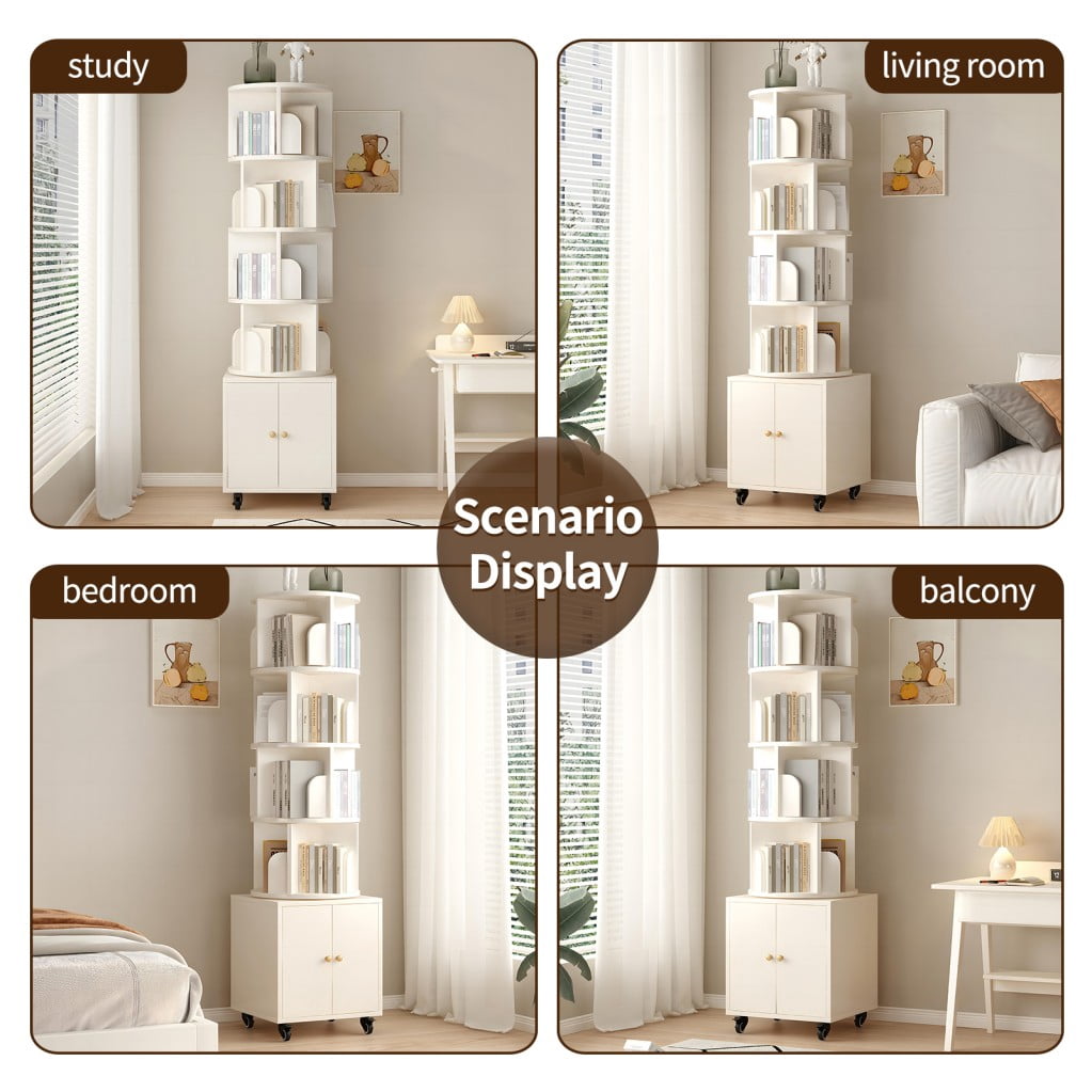 5-Tier Rotating Bookshelf with Drawer, 360° Spinning Corner Bookcase, Narrow Space-Saving Floor Standing Storage Rack for Bedroom, Living Room & Small Spaces, White