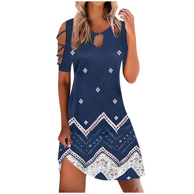 Vestido casual de mujer con hombros descubiertos y mangas cortas con estampado de espalda para adelgazar Fridja qw1074