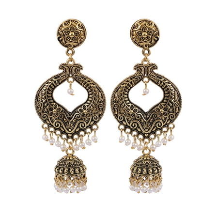 Crunchy Fashion Bollywood Jewellery Traditional Ethnic Bridal Bride Wedding Bridesmaid Traditional Gold-Plated antique work Jhumka Earrings With White Pearls