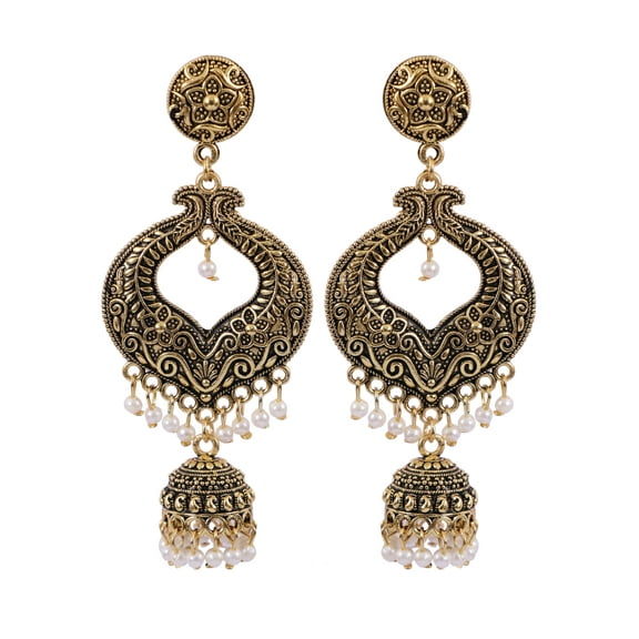 Crunchy Fashion Bollywood Jewellery Traditional Ethnic Bridal Bride Wedding Bridesmaid Traditional Gold-Plated antique work Jhumka Earrings With White Pearls