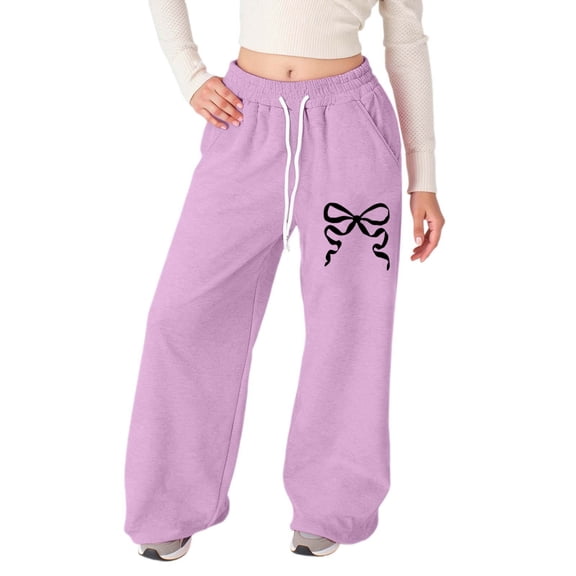 HOWPAY Bowknot Print Baggy Sweatpants Girls Workout Casual Joggers Elastic Waist Wide Leg Pants with Pockets Loose Fit Sweat Pants Light Purple