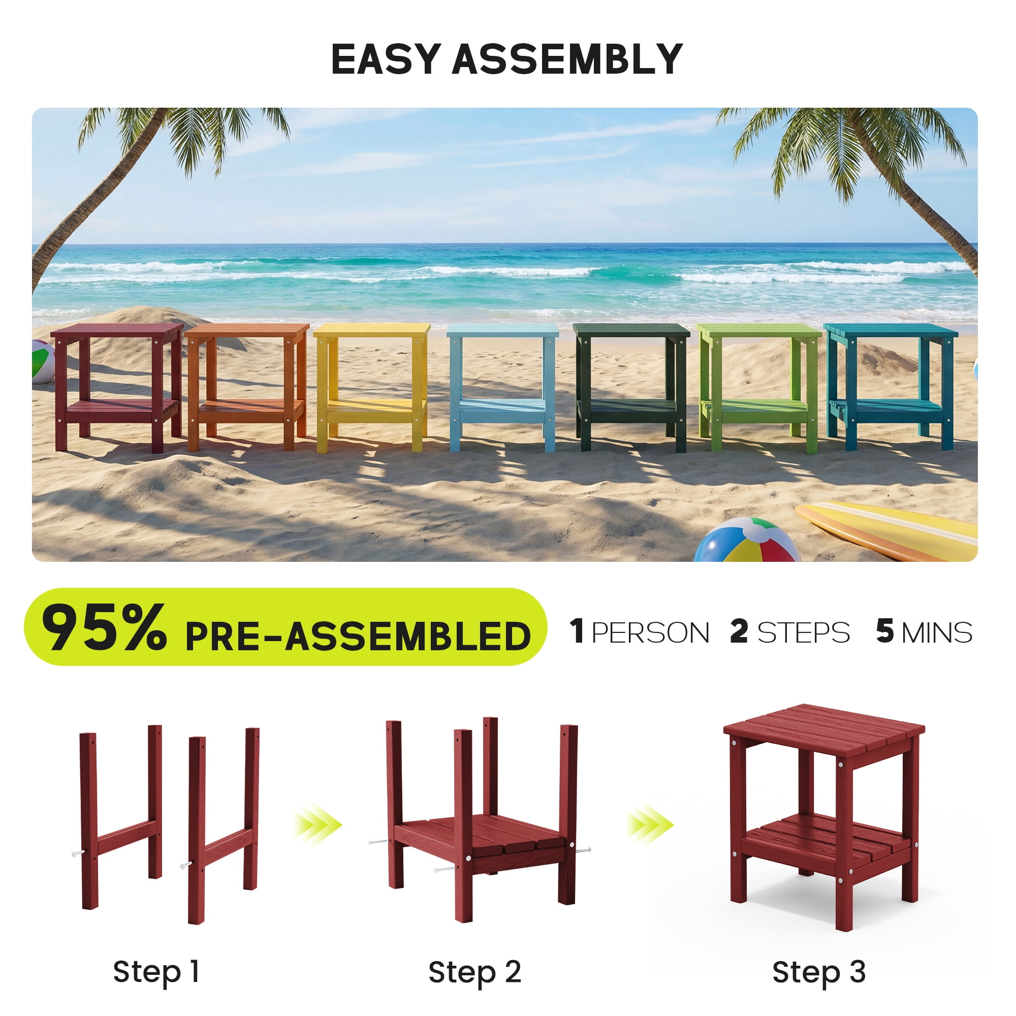 FUNDAZE HDPE 2-Layer End Table for Living Room, Outdoor Side Table, Patio Small End Table, Dark Red