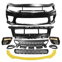 Ikon Motorsports Front Bumper Conversion W/ Yellow Lip Compatible With 2015-2023 Dodge Charger Widebody Style Front Bumper Cover & SRT Style Upper Grille & Lower & Foglight Covers W/ Lights