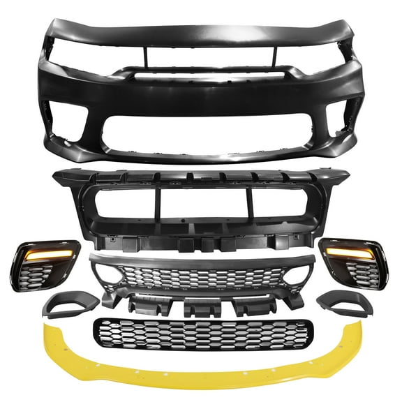 Ikon Motorsports Front Bumper Conversion W/ Yellow Lip Compatible With 2015-2023 Dodge Charger Widebody Style Front Bumper Cover & SRT Style Upper Grille & Lower & Foglight Covers W/ Lights