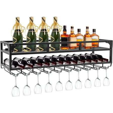 2-Tier Wall-Mounted Wine Rack - Industrial Metal Wine Shelf & Glass Holder - Floating Shelves for Wine Bottle Storage and Display - Perfect for Home Bar, Dining Room, or Kitchen