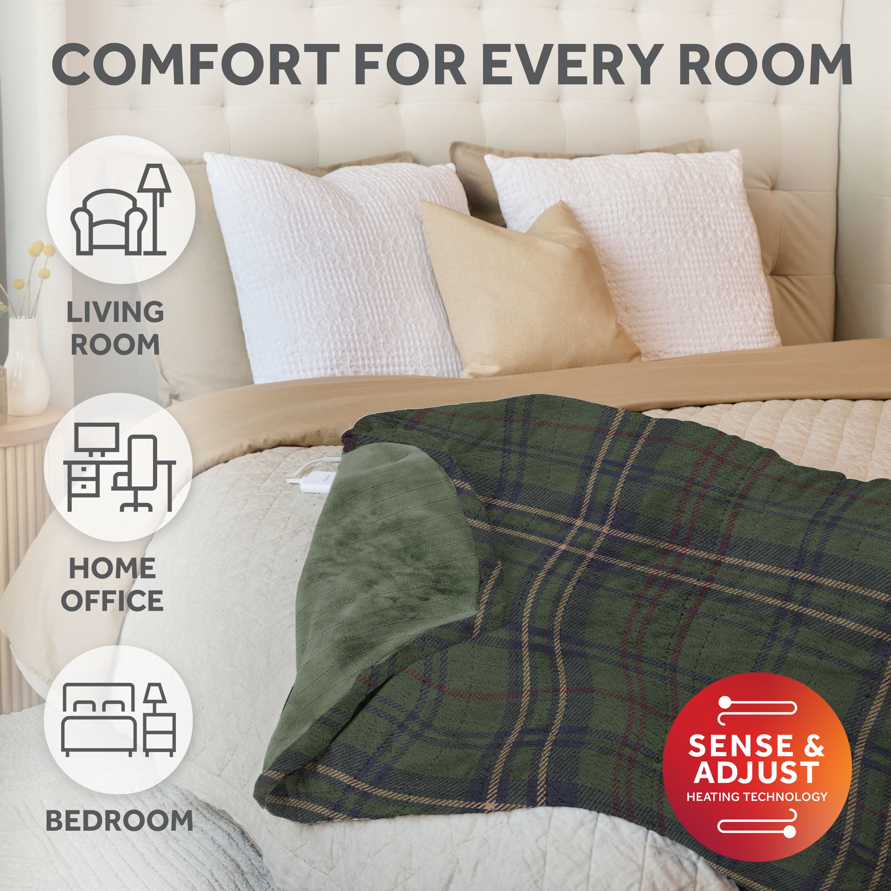 Sunbeam Heated Electric Microplush Throw Blanket, Green Vintage Plaid, 4 Heat Settings, 50 x 70 in