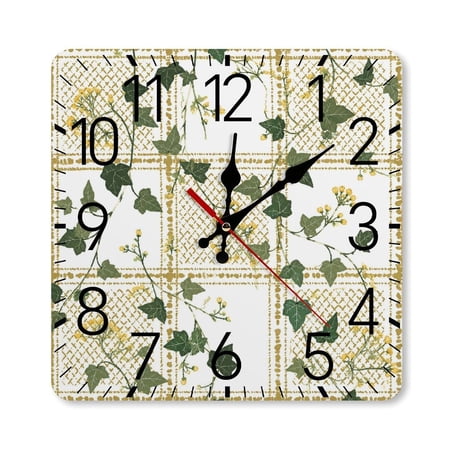 RKSupls 10×10inch Square Silent Wall Clock Wooden Frame, Ivy Vine Gold Grid Scale Decorative Clock for Home Bedroom Living Room Office