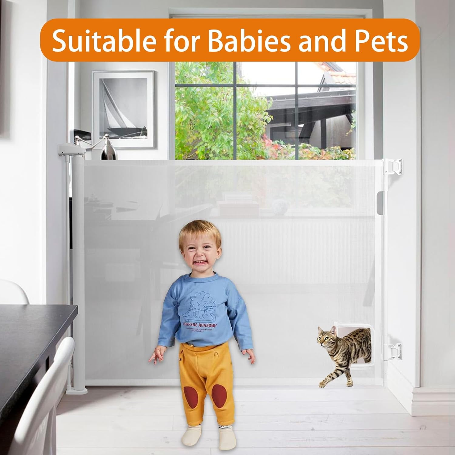 Sunnycome Retractable Baby Gate,Mesh Dog Gate,126" Wide Extends up to 33"Tall,Child Safety Gate for Doorways,Stairs,Hallways,Indoor Outdoor White