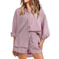 thumbnail image 2 of JULMCOMO 2 Piece Sets for Women Striped Button Down Long Sleeve Shirts Drawstring Wide Leg Summer Shorts Cruise Lounge Outfits Red S, 2 of 7