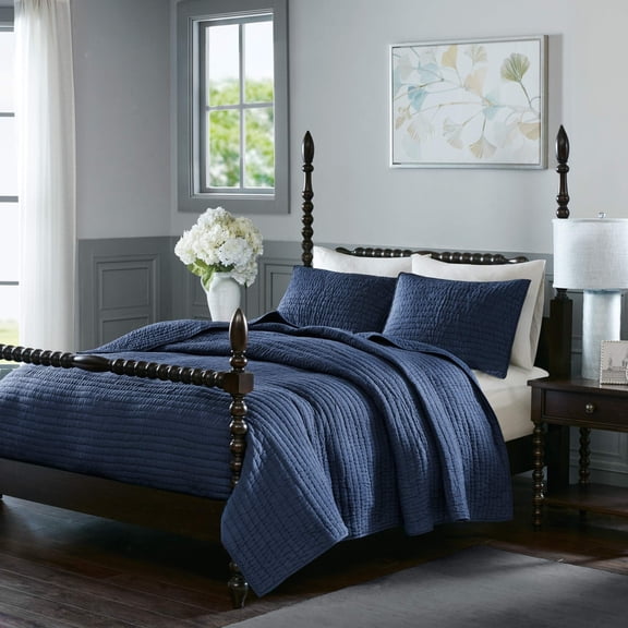 Madison Park Signature Serene Cotton 3 Piece Coverlet Sets (King/Cal King 110x96, Blue)