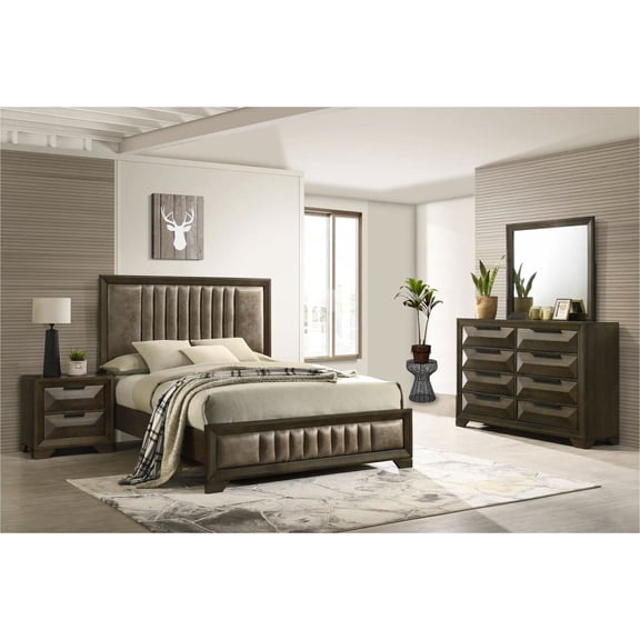 Kings Brand Furniture 4-Piece Premium Bedroom Set in Walnut Wood Finish - Bed Frame with Upholstered Headboard, Dresser, Mirror and Nightstand (King)