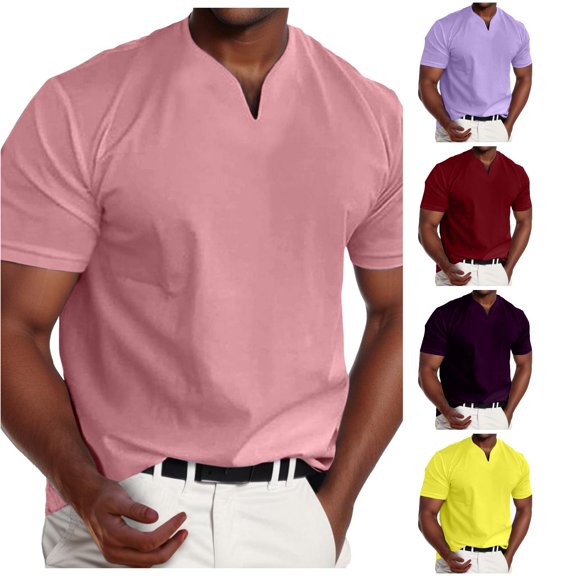 Ulitacool Men T Shirts Muscle V Neck Shirts Slim Fit Shirt Short Sleeve Tee Soft Wear Pink