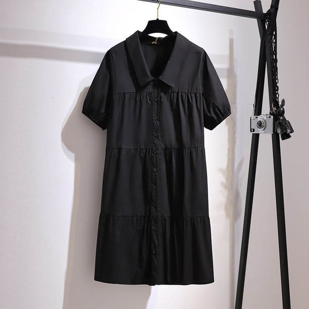 Vestido holgado de algodón de manga corta para mujer, 150Kg, talla grande, busto 152cm, 5XL, 6XL, 7XL, 8XL, 9XL, botón de solapa, color negro