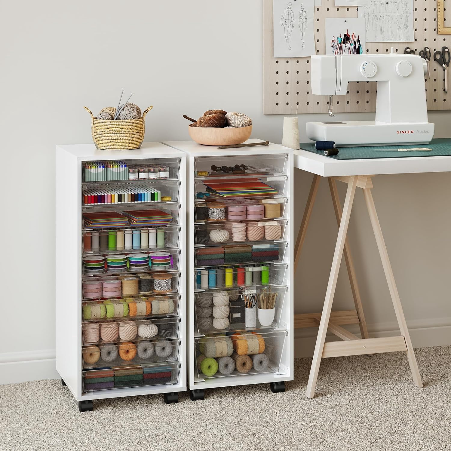 Wood  Storage Drawer Cart, Makeup Organizer and Storage with 10 Large Clear Drawers, White