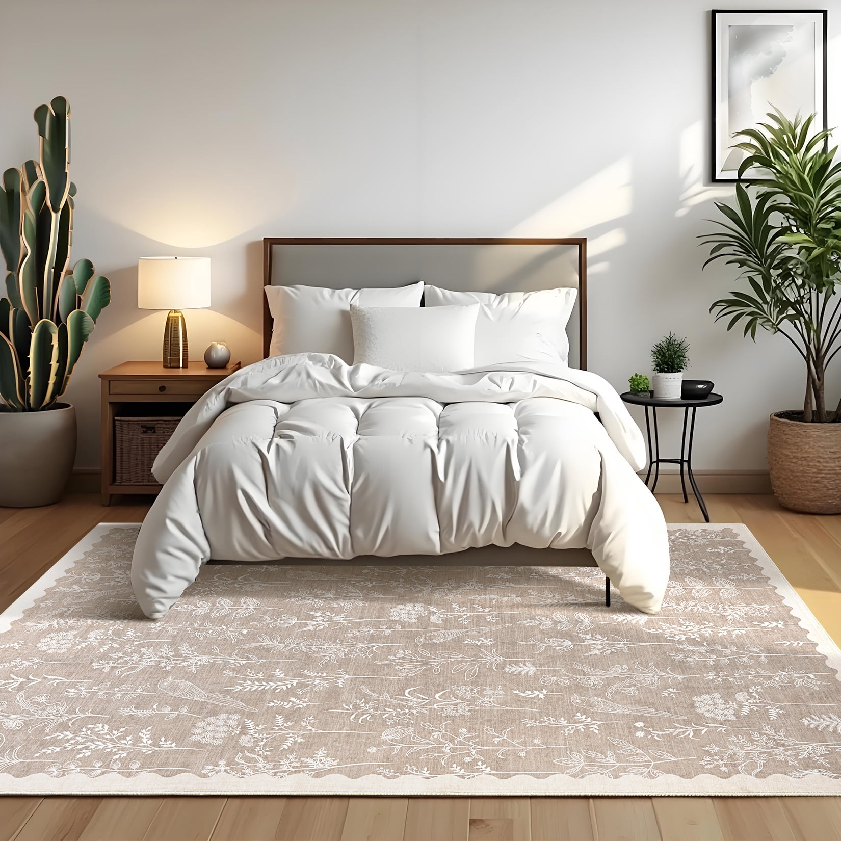 FairOnly Lght Brown 5'x7'Low Pile Flower Print Area Rug Non Slip Non Shedding ug for Living Room Bedroom Kitchen