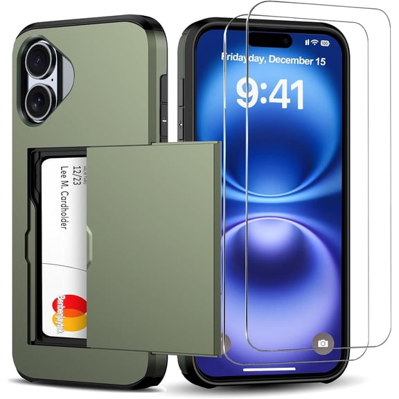 KOMI for iPhone 16 Plus Wallet Case with Card Holder 2 Tempered Glass Screen Protector Protective Shockproof Hidden Card Slot Slim Case Women Men iPhone 16 Plus 6.7 inch 2024 Deep Green