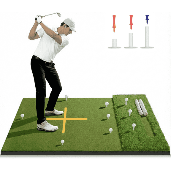 ORFELD 5.2x4ft Golf Hitting Mat with 9 Hitting Holes, Dual Turf Golf Putting Mat with Ball Tray, Alignment Aid Practice Mat Putting Green for Indoor & Outdoor
