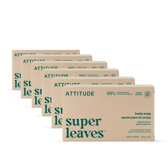 ATTITUDE Body Soap Bar, Natural Origin, Protects and Softens Dry Skin, Watercress, Indian Cress & Olive Oil, Made in Canada, EWG Verified & Vegan, Sandalwood, 113 g (Pack of 6)