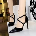 thumbnail image 5 of Zapatos de tacón fino y poco profundo para banquetes, sandalias con punta afilada de terciopelo y cinturón cruzado, zapatos de tacón clásico para boda para mujer, 5 of 5