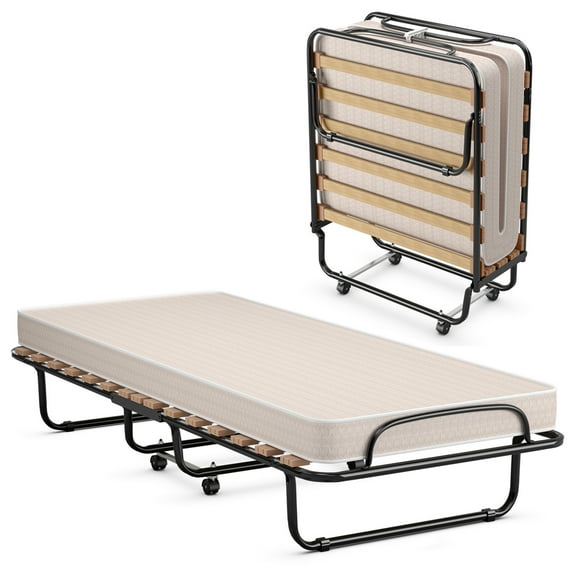 Gymax Folding Bed Cot Size Rollaway Metal Guest Bed Sleeper Made in Italy w/ Memory Foam Mattress Beige