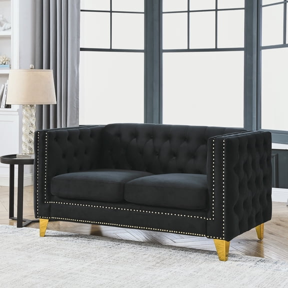 Velvet Sofa for Living Room,Buttons Tufted Square Arm Couch, Modern Couch Upholstered Button and Metal Legs, Sofa Couch for Bedroom, Black Velvet (Black)