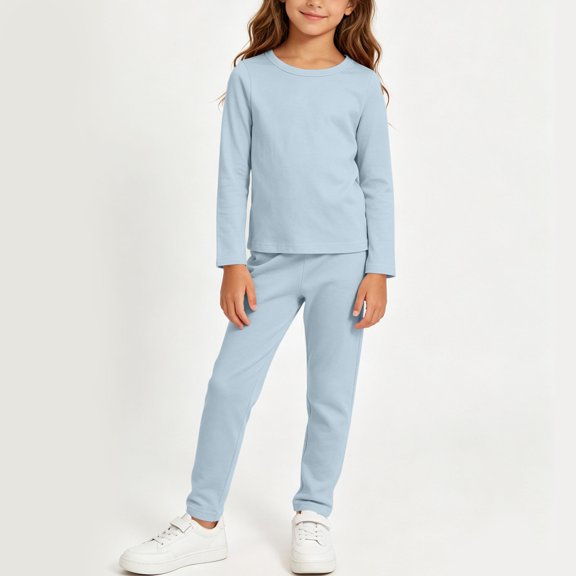 Girls Long Sleeve Top & Pants 2-Piece Cotton Matching Set, Crew Neck, Blue,Size 9-10 T