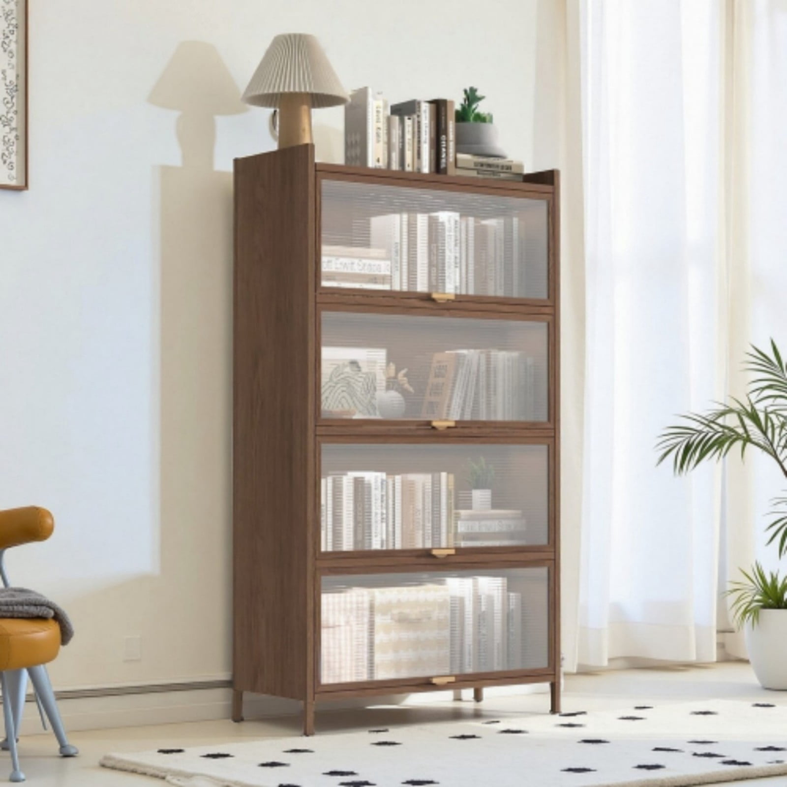 57" Tall Metal Storage Cabinet with 4 Flip Doors, Steel Freestanding Organizer with Ample Storage for Office Bedroom Living Room, Walnut