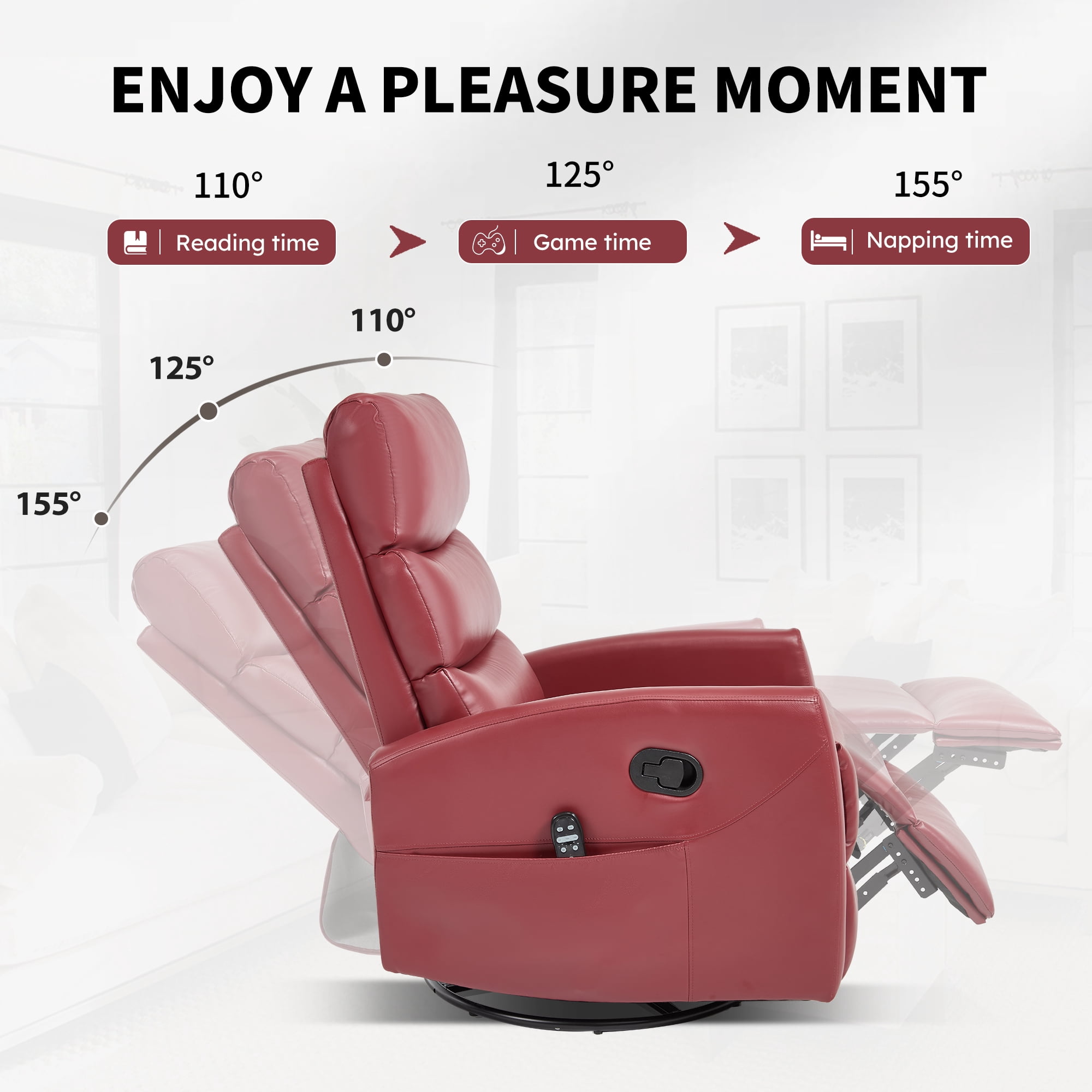 Aukfa 360° Swivel Recliner Rocking Chair with Massage and Heat for Living Room & Nursery, Leather, Red