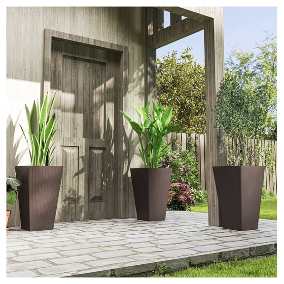 Tall Planters 3-Pack, 24 Inch Flower Pots - Indoor Outdoor Use, Rattan Design, Drainage, Brown