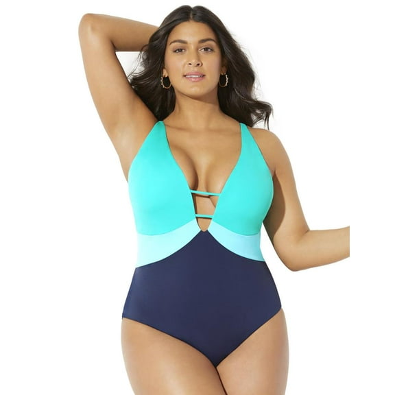 Swimsuits for All Women's Colorblock V-Neck One Piece Swimsuit