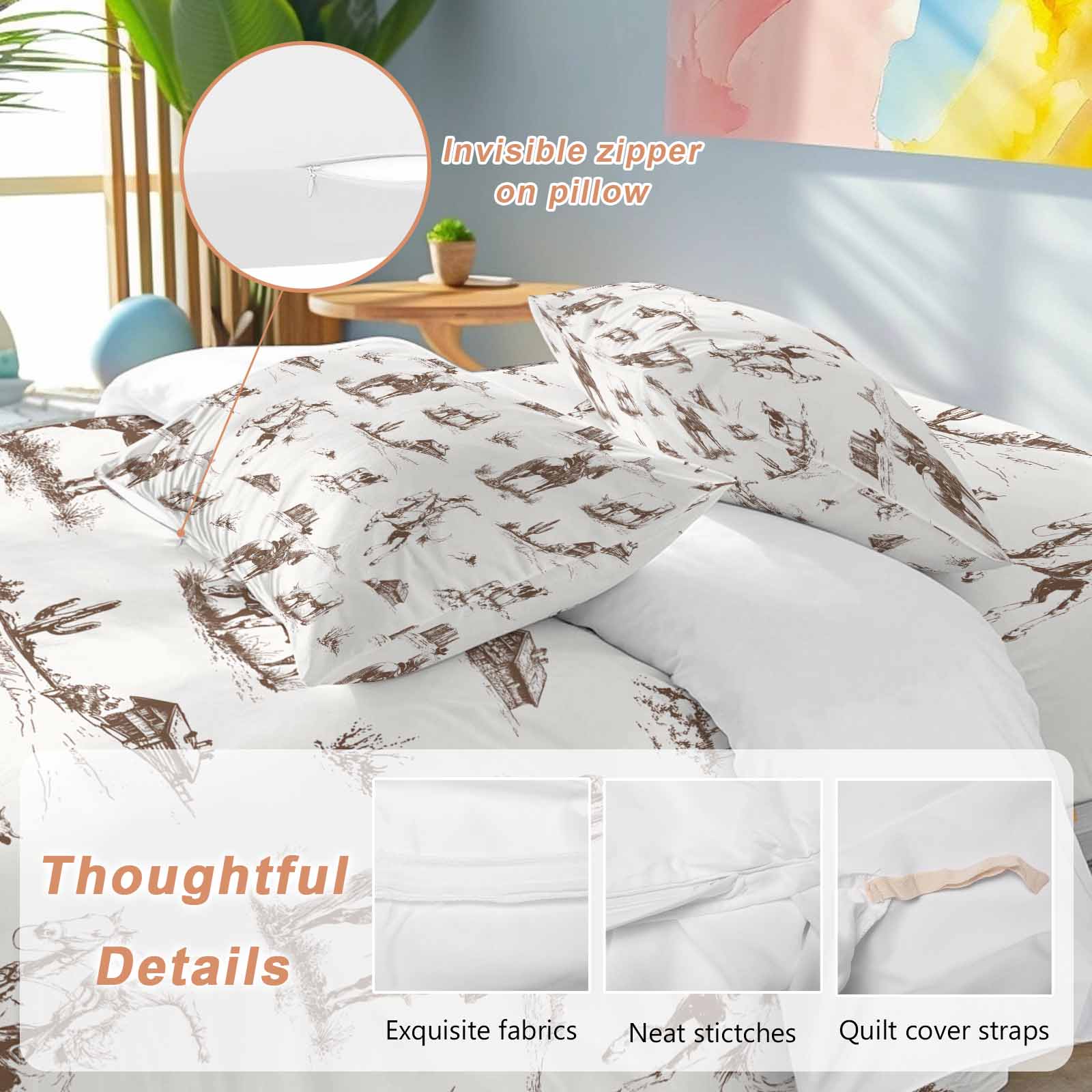Western Cowboy Duvet Cover Set California King Size Retro Brown Desert Ethnic Horse Soft Lightweight Comforter Covers 4 Piece Bedding Set with 1 Duvet Cover 1 Bed Sheet & 2 Pillow Shams