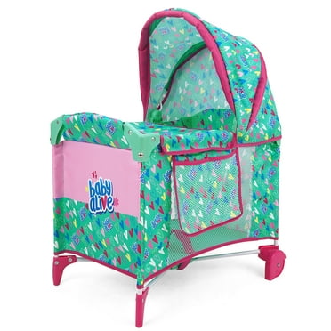 Baby Alive: Deluxe Doll Play Yard - Green, Pink, Hearts - Accessory For Dolls Up to 18", Folding, Wheeled Crib, Adjustable Canopy, Kids Toy, Ages 3 
