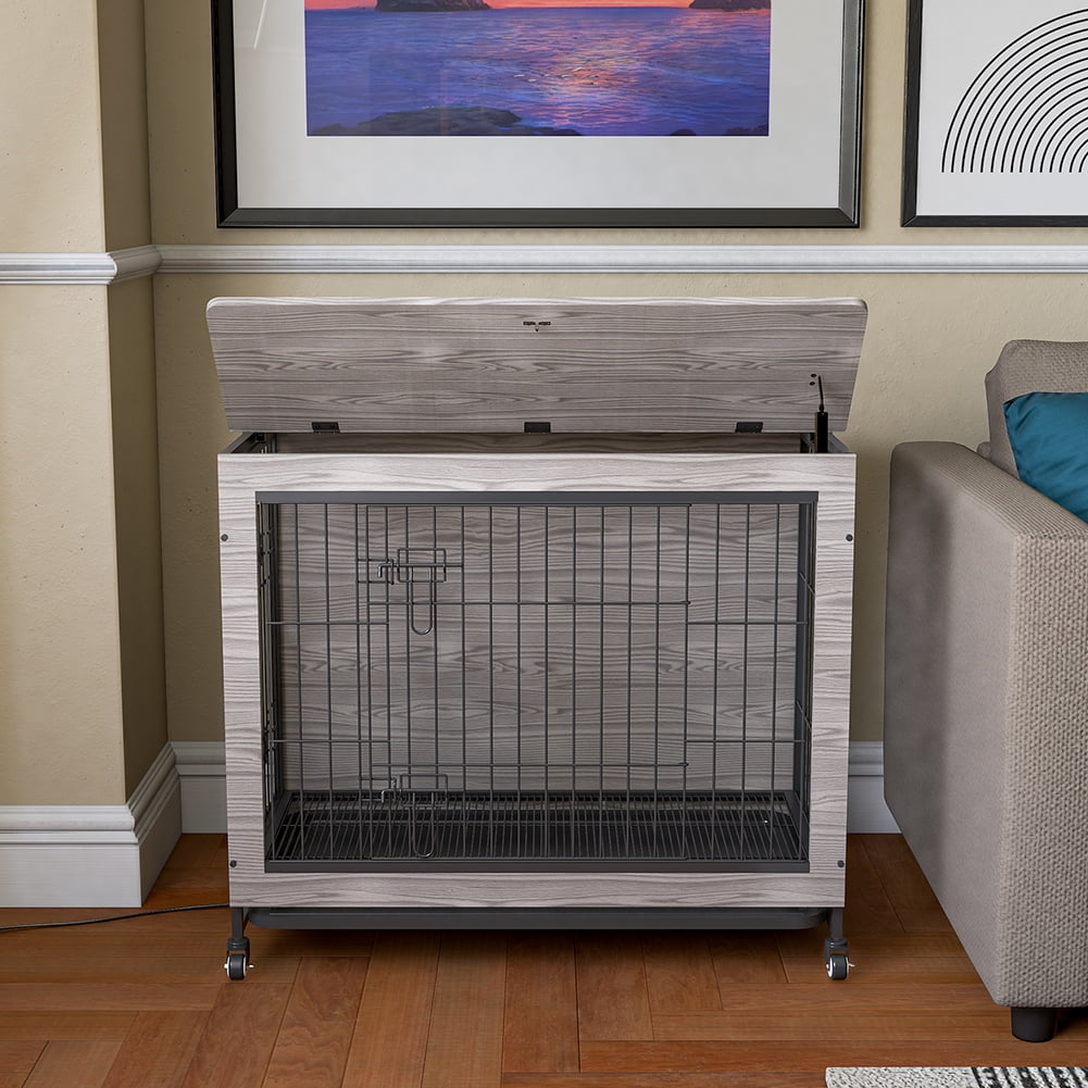 Kadyn 38 inch Wooden Dog House with Double Doors, Dog Crate Furniture, Heavy-Duty Dog Cage End Table with Multi-Purpose Removable Tray, Modern Dog Kennel Indoor for Dogs up to 70lb, Gray Kadyn 38 inch Wooden Dog House with Double Doors, Dog Crate Furniture, Heavy-Duty Dog Cage End Table with Multi-Purpose Removable Tray, Modern Dog Kennel Indoor for Dogs up to 70lb, Gray