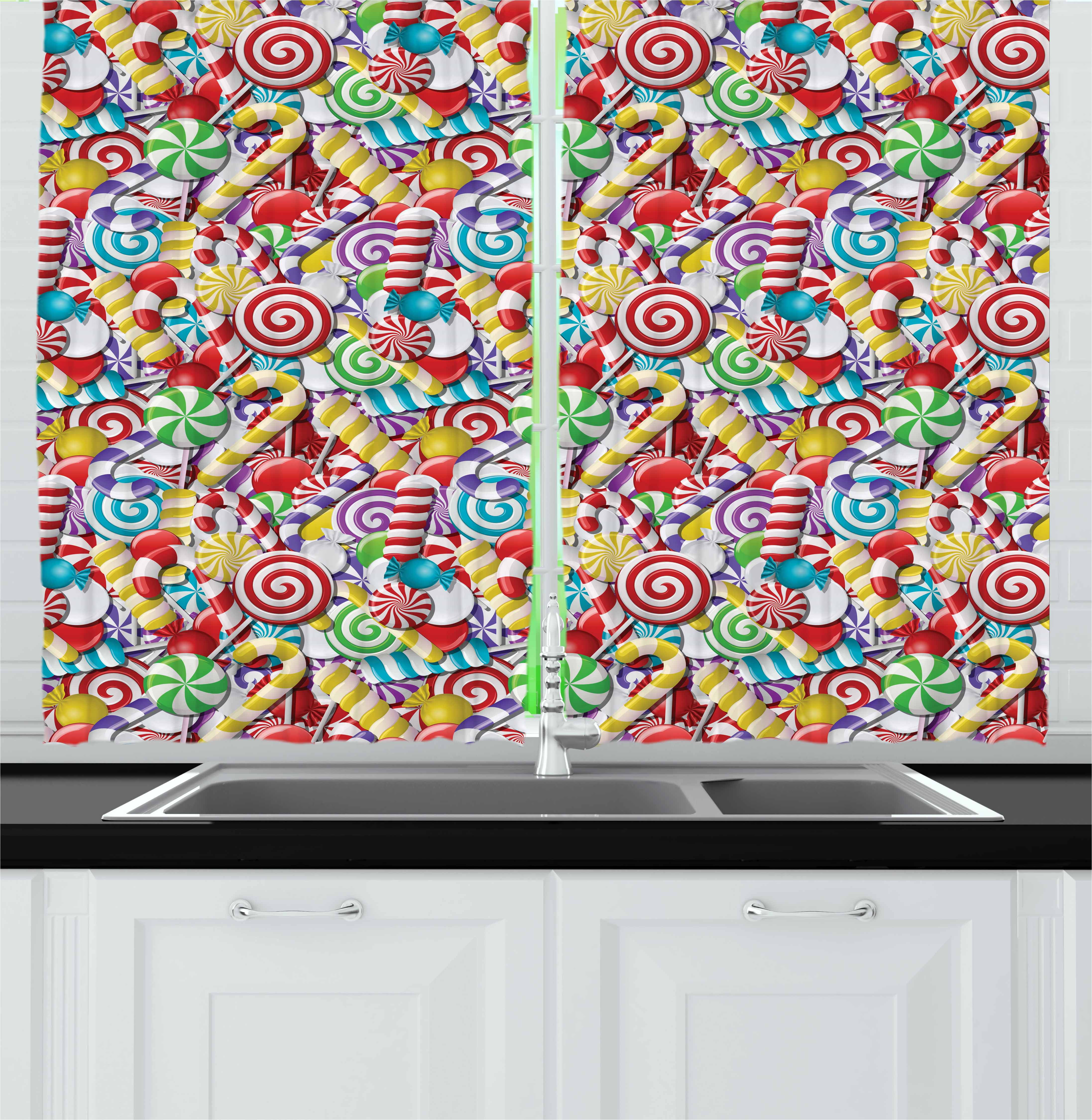 Candy Cane Curtains 2 Panels Set, Bonbons Lollipops Sugary Treats