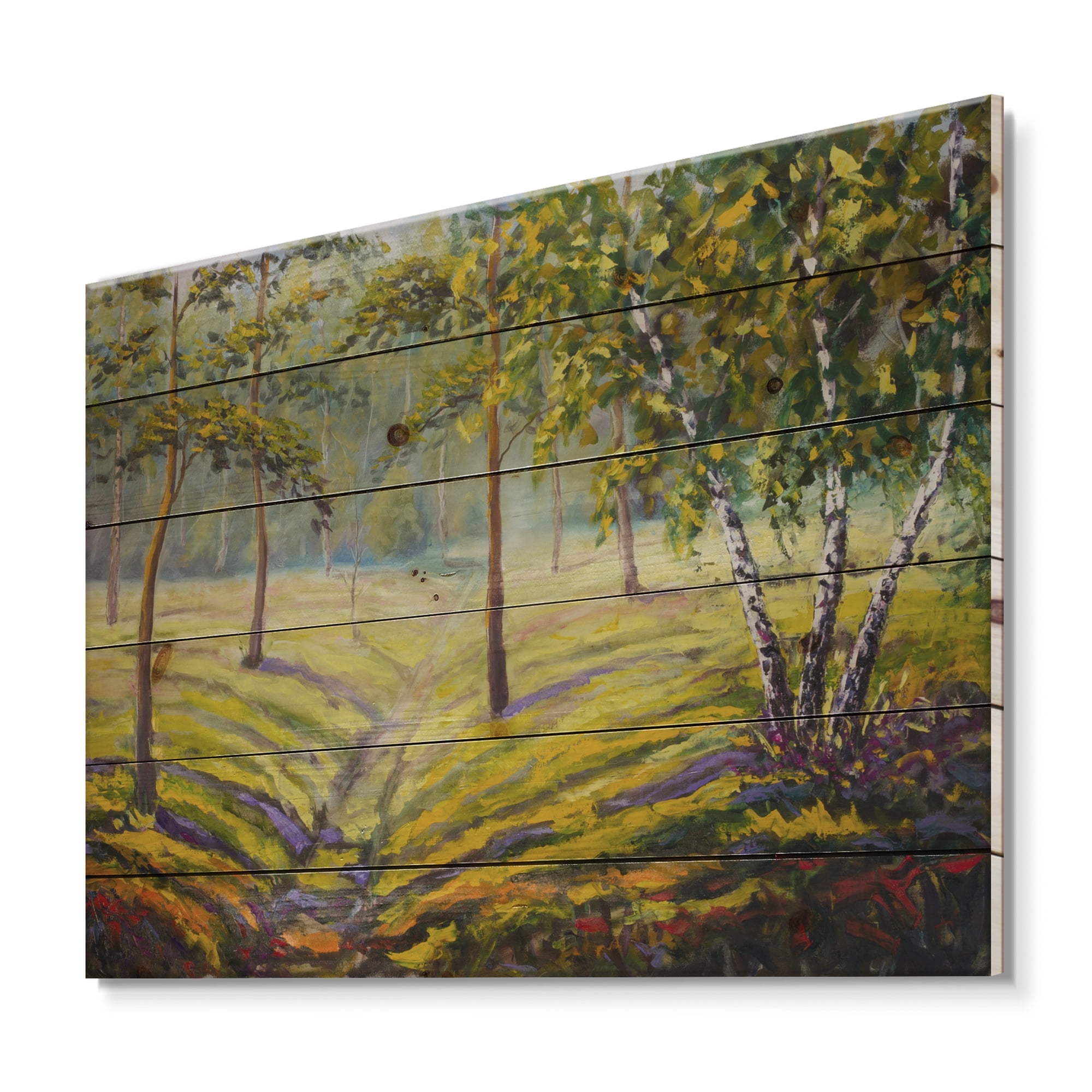 Designart 'Bushes and Pine Trees In The Forest II' Traditional Print on Natural Pine Wood