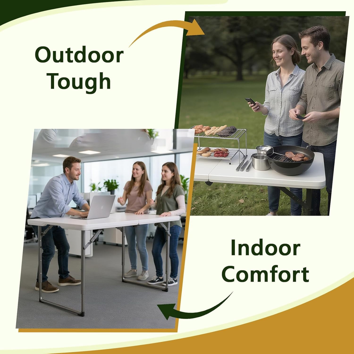Decksplore Folding Table 4ft - Heavy Duty Fold-in-Half Plastic Table with Adjustable Height, Portable Utility Tables with Steel Legs for Picnic, Camping, Dining, Party
