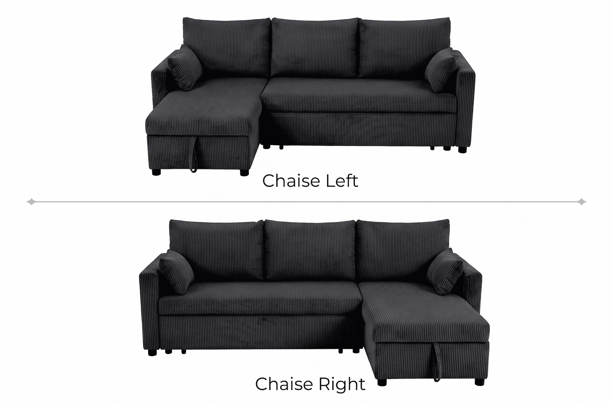 Xiweot 85" Sectional Sleeper Sofa Bed, L Shaped Couch with Pull Out Bed & Storage Chaise, Corduroy 3 Seat Sectional Couch for Living Room Apartment Small Space (Black)