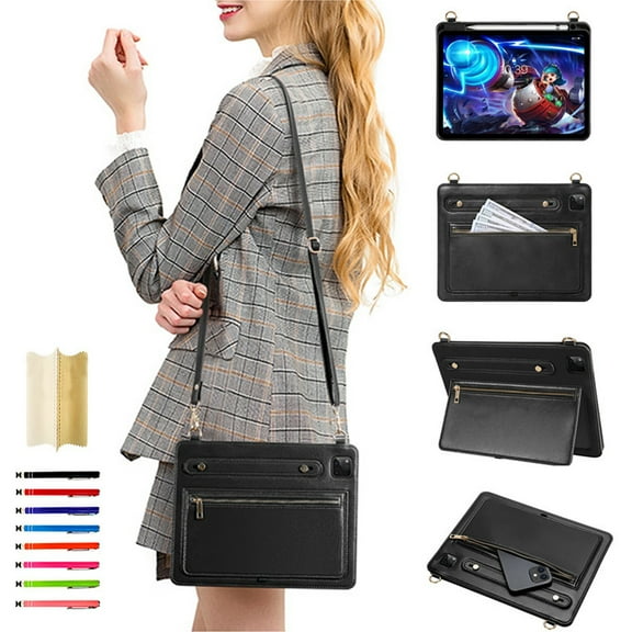 for iPad Pro 11 2022/2021/2020/2018/Air 4/Air 5 Envelope Wallet Back Case, Premium PU Leather Zipper Pocket Kickstand with Shoulder Strap & Hand Strap Tablet Case Cover - Black