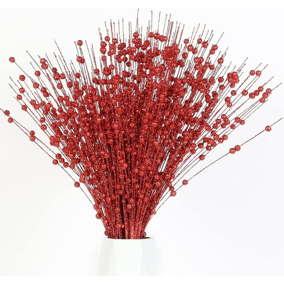 30-Pack Red Christmas Tree Ornaments, Christmas Tree Picks, Artificial Glitter Branches 19.7 Inch Christmas Berry Branches for Christmas Tree, Vase, Holiday, Wedding, Party Decor