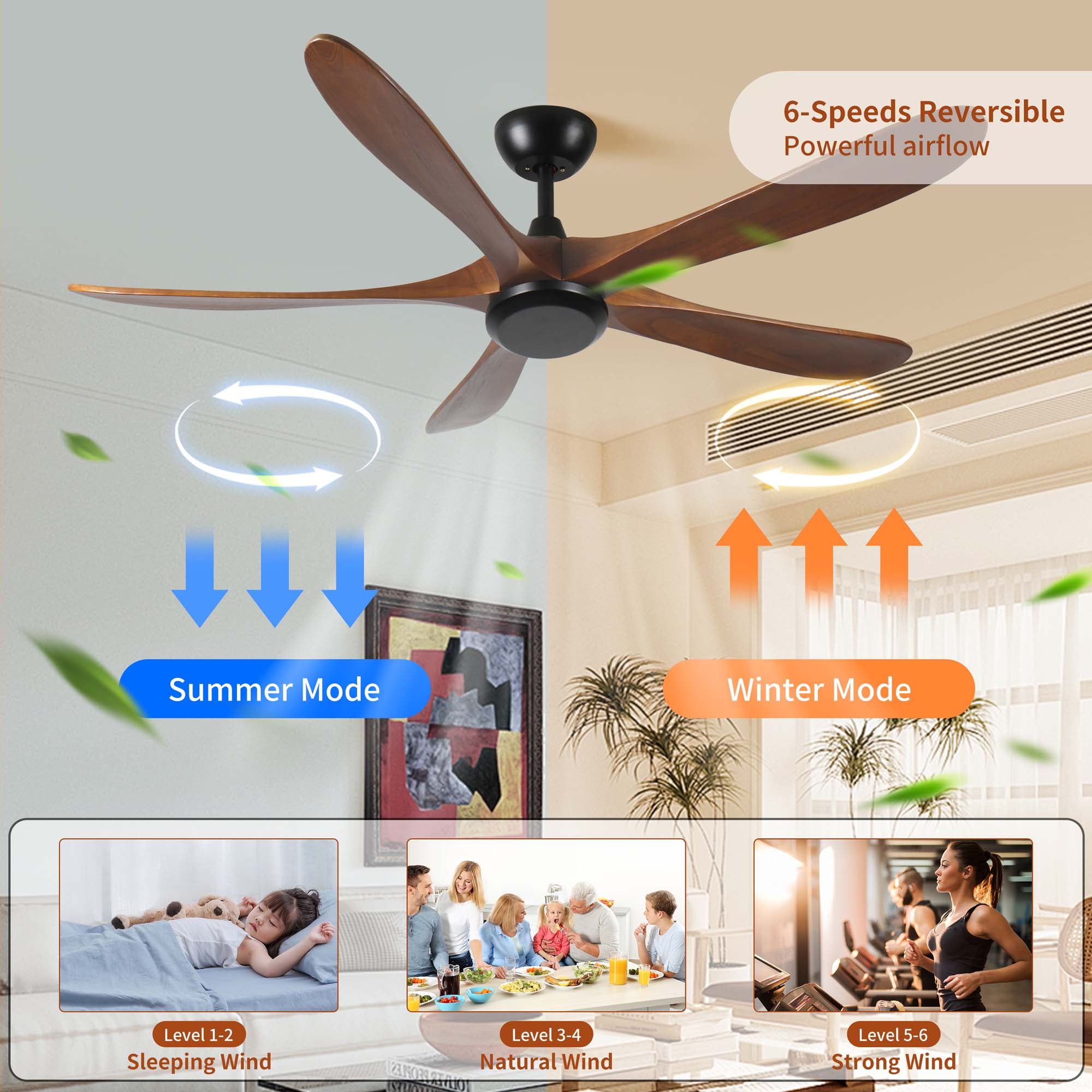 Miniyam 62 inch Wood Ceiling Fan with No Light with Remote Control, Low Profile Ceiling Fan without Light,Noiseless Reversible DC Motor with Timer