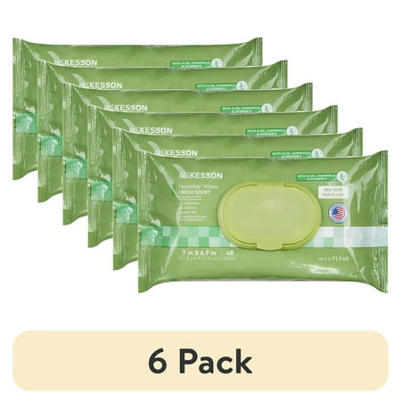 (6 pack) McKesson Flushable* Wet Wipes - Aloe & Vitamin E Formula, Gentle on Skin, Plant-Based Adult Cleansing Wipes - Scented, 48 Wipes, 1 Pack