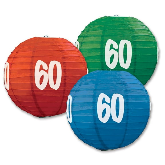 Beistle Pack of 6 Red, Blue, and Green Birthday "60"  Festive Hanging Paper Lanterns 9.5"