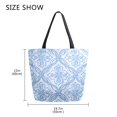 thumbnail image 5 of Open Top Canvas Tote Bag with Zipper Reusable Shopping Bag 13.5x15" Roomy Carryall Blue Elegant Geometric Design, 5 of 9