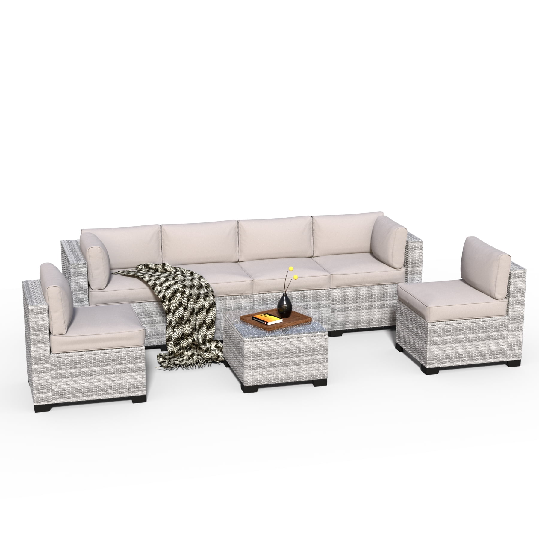 7-Piece Outdoor Sectional Patio Furniture Set, All-Weather Wicker Rattan Sofa with Thick Washable Cushions & Tempered Glass Table, Perfect for Garden, Poolside, Backyard (Dusty Gray)