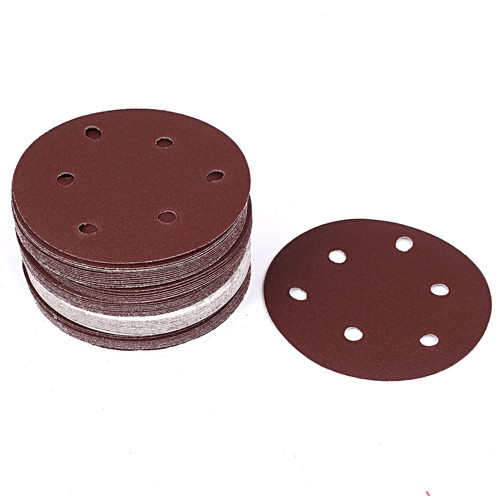 5" Dia 120 Grit 6 Holes Self Abrasive Stick Sanding Paper Discs 50 Pcs