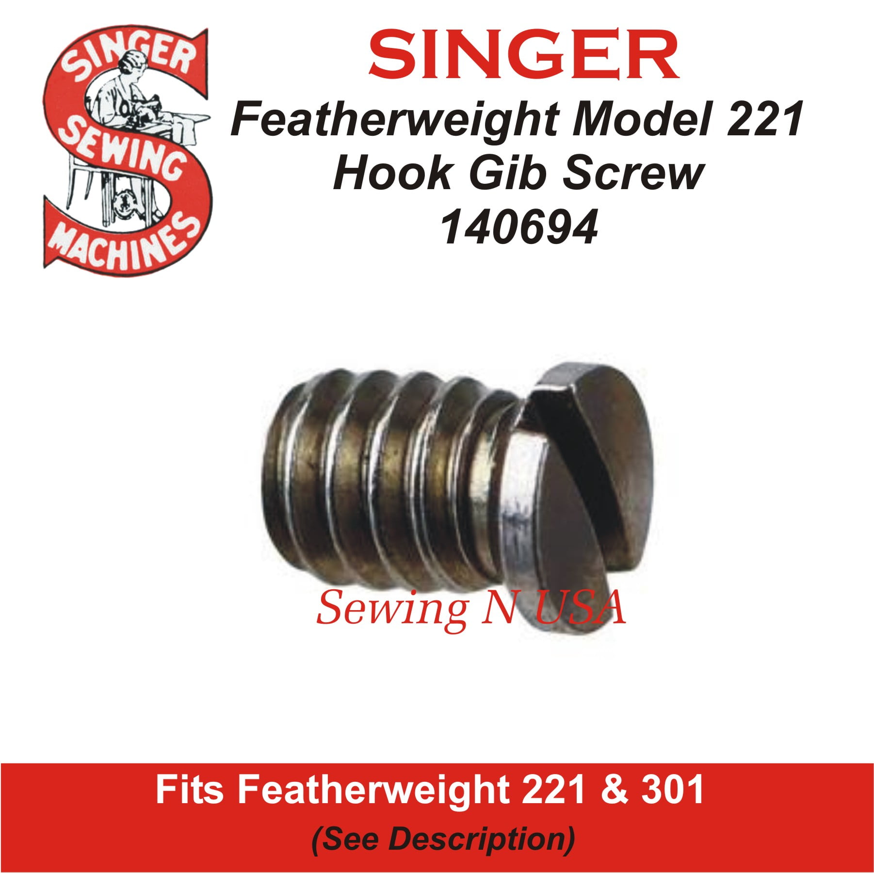 Singer Compatible Hook Gib Screw 140694 Fits Featherweight 221 & More