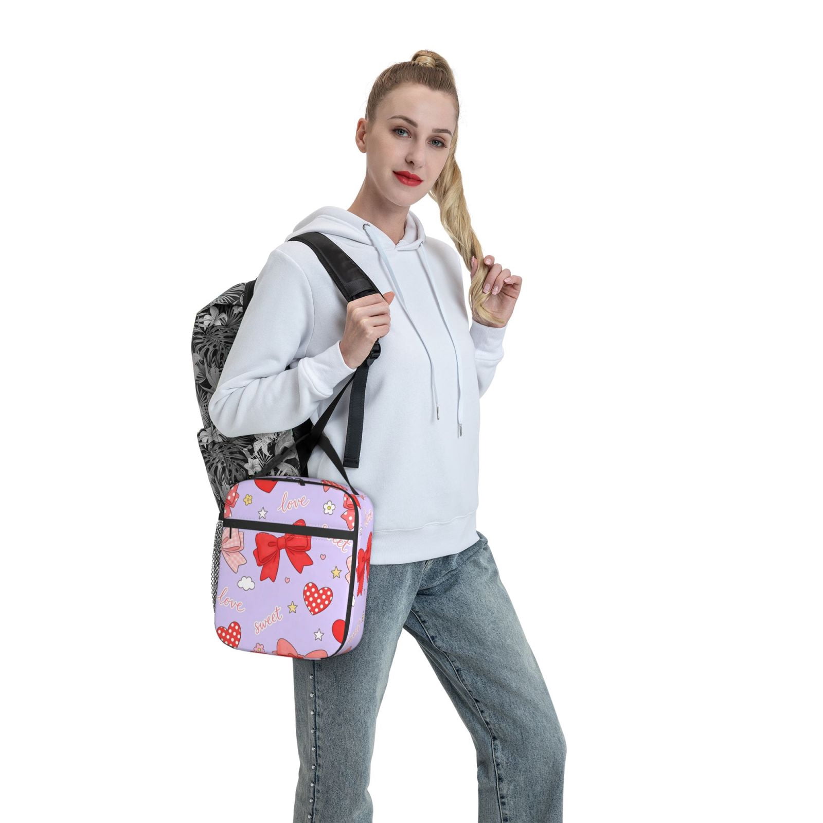 Lunch Bag For Women Men Insulated Portable Lunch Box Bento Box Office Picnic Travel Cooler Bag Sweet Love Bow Heart Light Purple