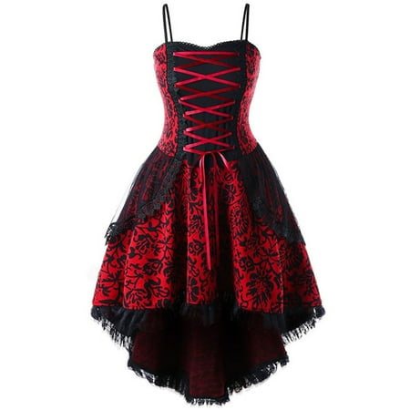 Lolmot Womens Plus Size Sleeveless Punk Dress Vintage Spaghetti Straps Midi Dress Gothic High Low Floral Lace Tie-Up Corset Cocktail Dress