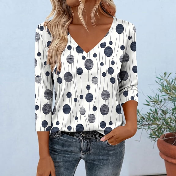 Easy Wear Tops for Women Printed V-Neck 3/4 Sleeve Loose Fit T-Shirt Navy S