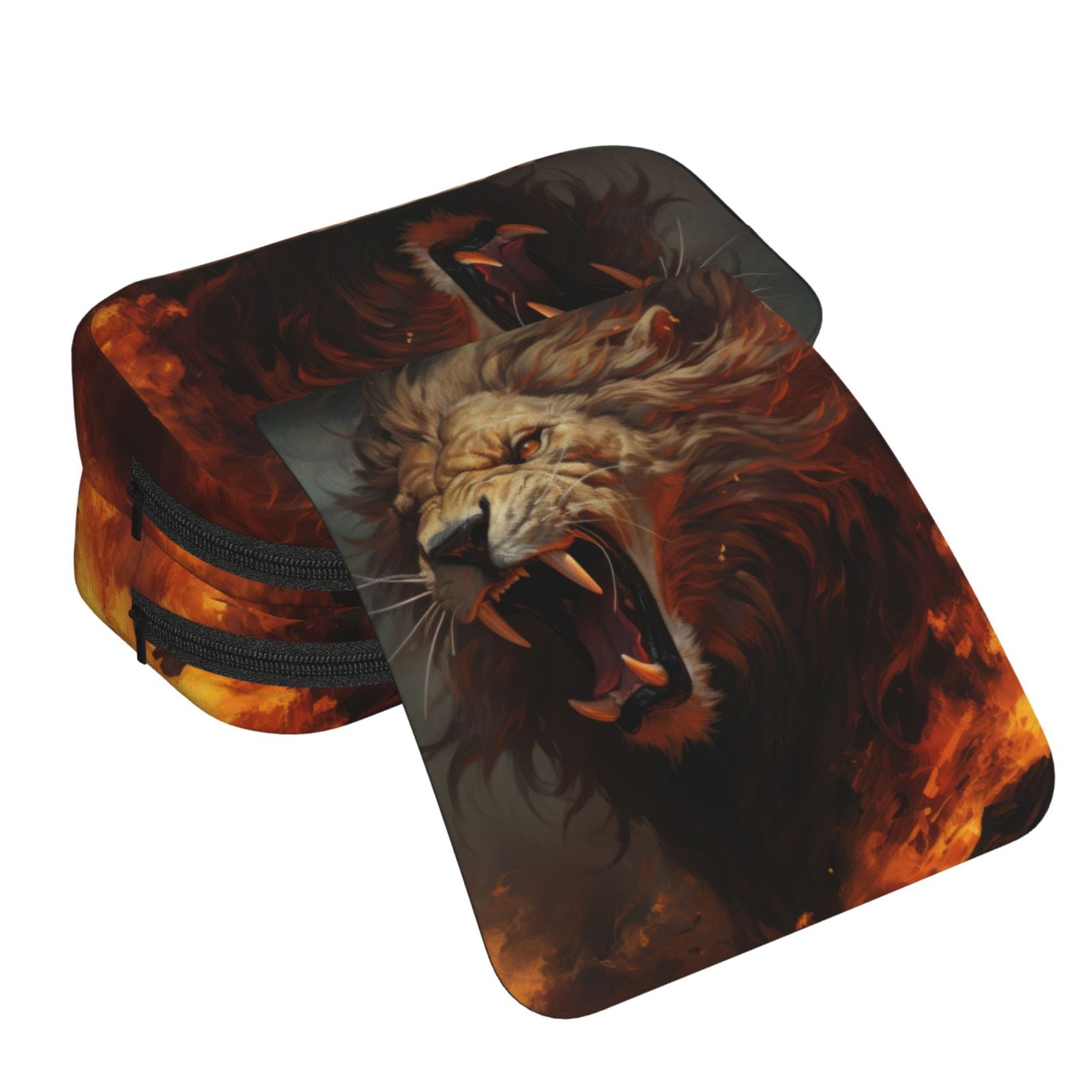 Rateoe Cool Flame Lion A Pattern Double Clamshell Pen Case, Storage Organizer with Two Zipper Compartments– Holds Up to 50 Pencils & Pens
